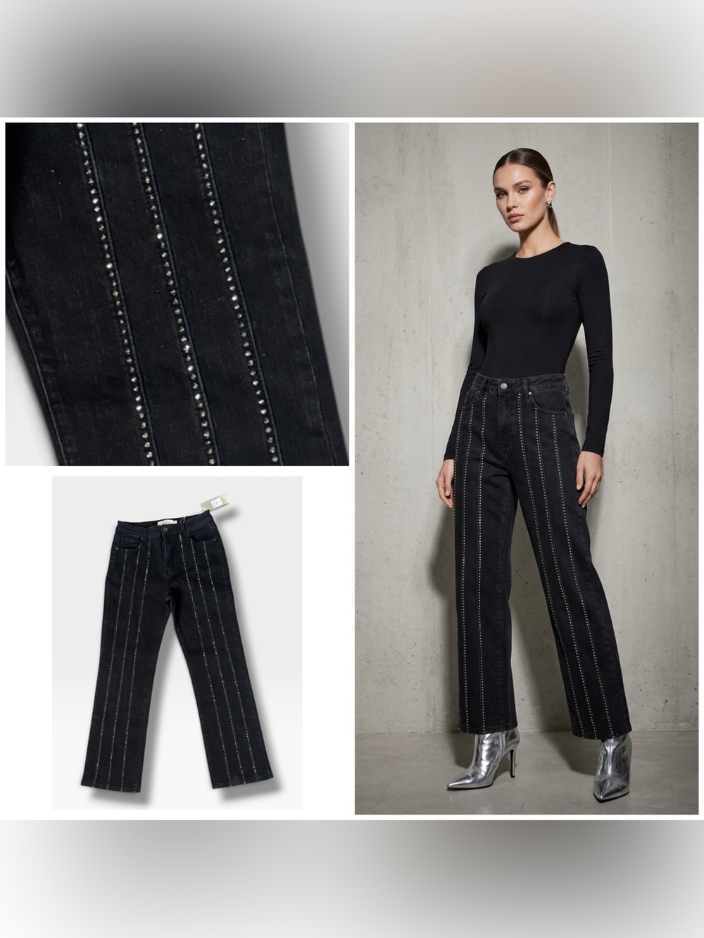 LC Lizette Collection Rhinestone Stud-Trim Straight Leg Jeans in Black, Large